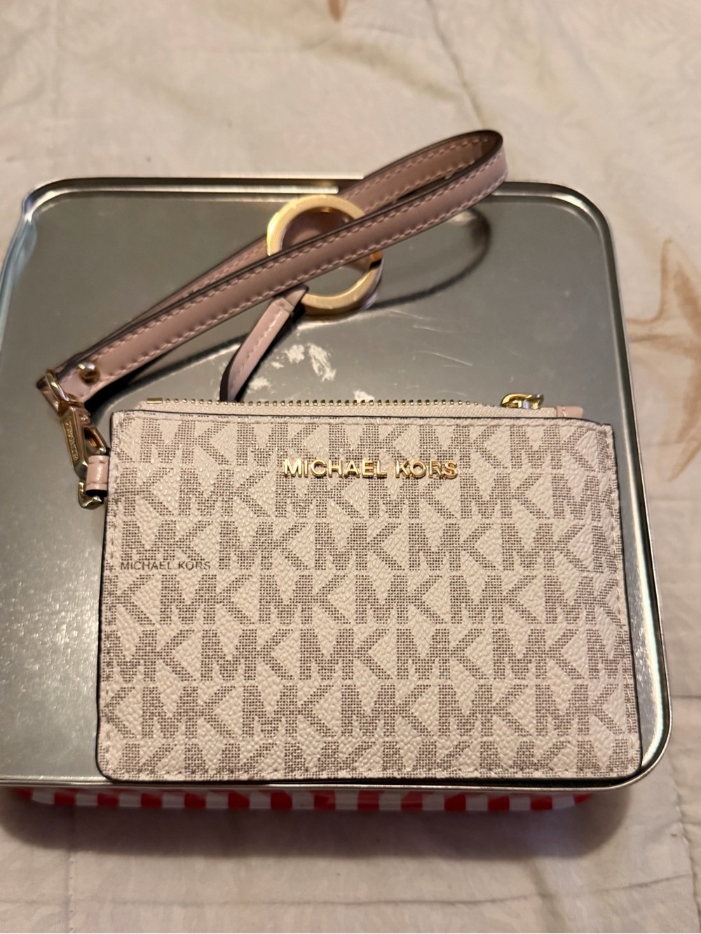 Michael Kors Light Pink Logo-Print Wristlet with Gold Hardware